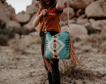 Pendleton Wool Fringe Crossbody Bag: Western Boho Leather Purse in Aqua Rancho Arroyo Pendleton Wool