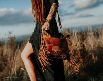 Medium Fringe Bag in Buffalo Pendleton Wool and Buckskin Lether, Western Buffalo Crossbody Bag, Southwestern Purse, Mercy Grey Design