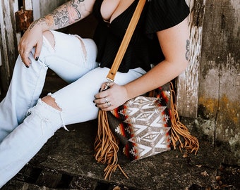 Pendleton Wool Fringe Crossbody Purse, Caramel Leather Southwestern Bag