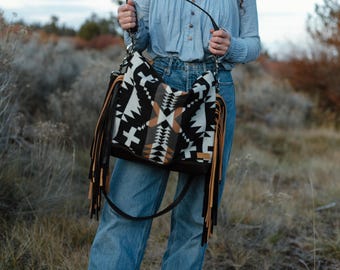 Slouchy Leather Bottom Crossbody in Spyder Rock Pendleton Wool with Fringe, Hobo Shoulder Bag, Bohemian Fringe Bag