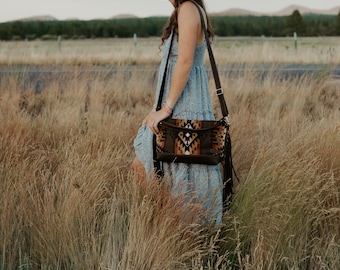 Clutch Leather Bottom Crossbody in Mission Trails Pendleton Wool with Fringe, Hobo Shoulder Bag, Bohemian Fringe Bag