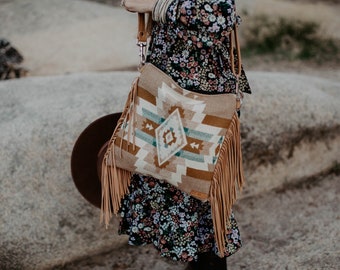 Bohemian Fringe Crossbody Purse, Boho Bag, Neutral Purse, Wool and Leather Purse, Western Fringe Purse, Mercy Grey Design, Boho Bag