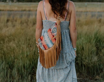 Slouchy Sling Bag in Canyonland Pendleton Wool with Fringe, Moon Bag, Fanny Pack, Crossbody Bag
