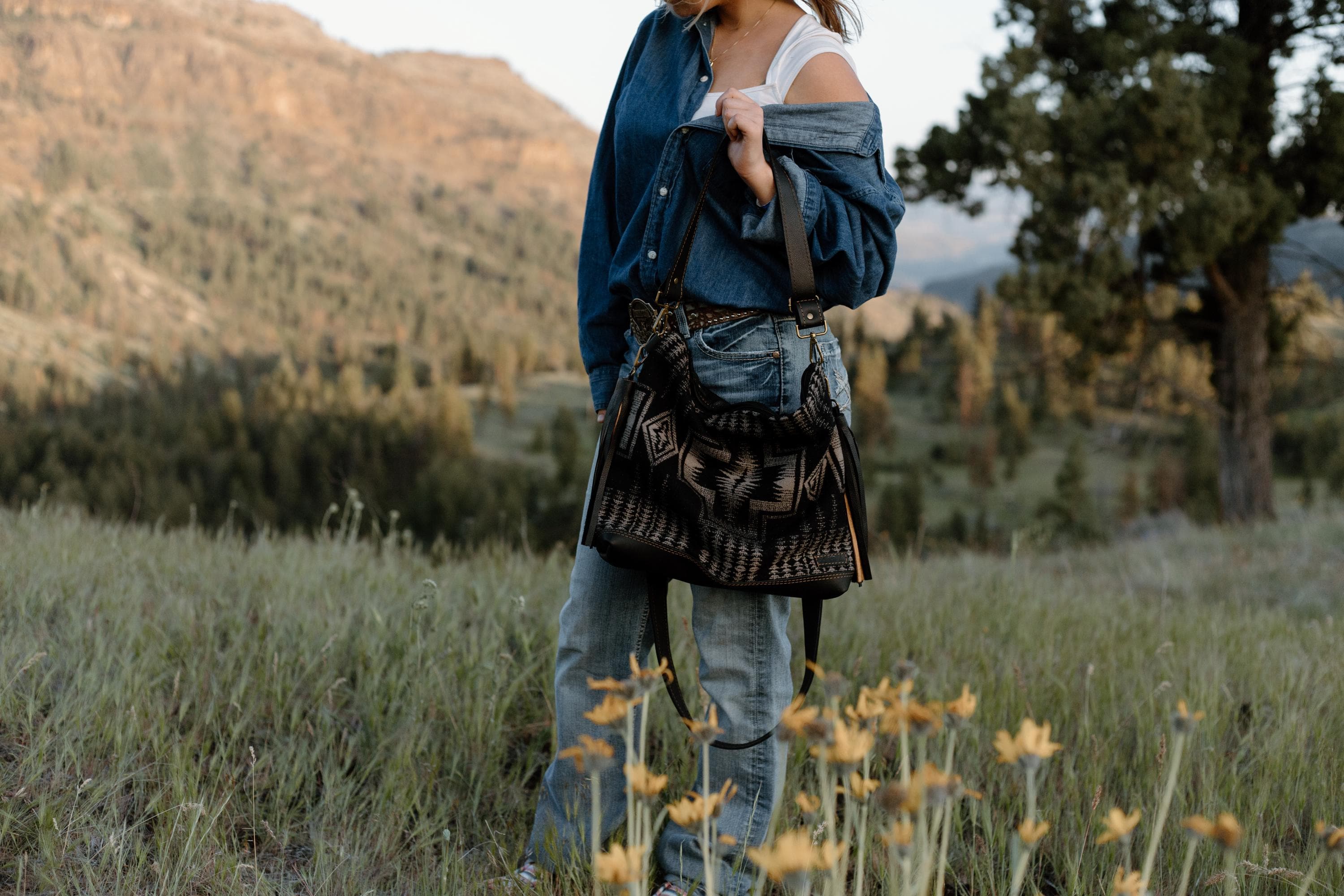 Slouchy Leather Bottom Crossbody in Black Harding Pendleton Wool with Fringe, Hobo Shoulder Bag, Bohemian Fringe Bag