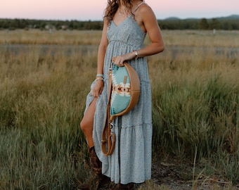 Slouchy Sling Bag in Aqua Rancho Arroyo Pendleton Wool with Fringed Strap, Moon Bag, Fanny Pack, Crossbody Bag