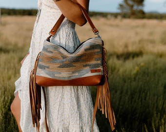 Clutch Leather Bottom Crossbody in Gray Tumalo Ridge Pendleton Wool with Fringe, Hobo Shoulder Bag, Bohemian Fringe Bag