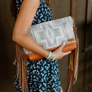 Clutch Leather Bottom Crossbody in Harding Tonal Pendleton Wool with Fringe, Hobo Shoulder Bag, Bohemian Fringe Bag