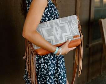 Clutch Leather Bottom Crossbody in Harding Tonal Pendleton Wool with Fringe, Hobo Shoulder Bag, Bohemian Fringe Bag