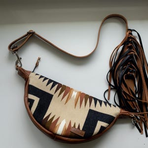 Slouchy Sling Bag in Aqua Rancho Arroyo Pendleton Wool with Fringed Strap, Moon Bag, Fanny Pack, Crossbody Bag image 7
