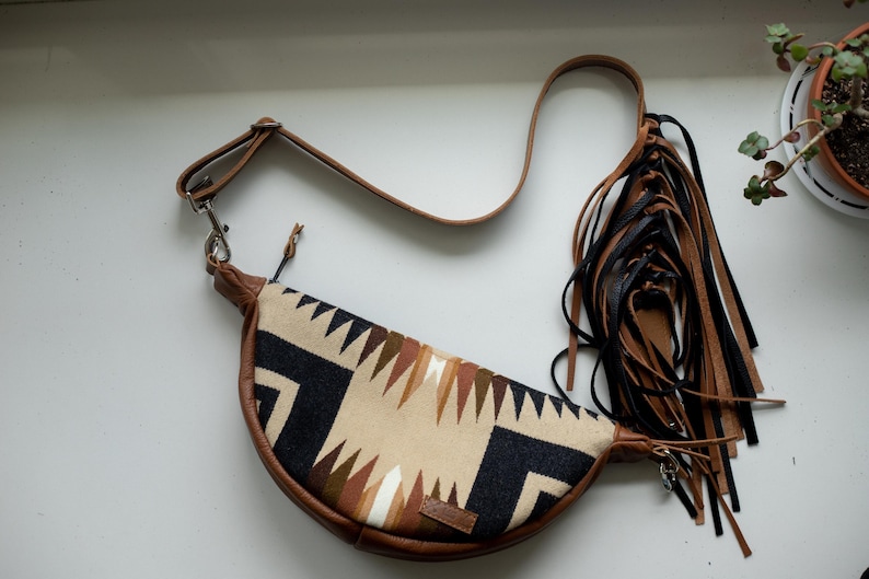 Slouchy Sling Bag in Aqua Rancho Arroyo Pendleton Wool with Fringed Strap, Moon Bag, Fanny Pack, Crossbody Bag image 7