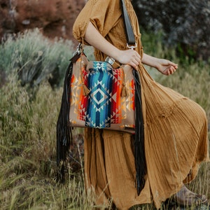 Western Style Fringe Bag in Portland Wool and Leather 