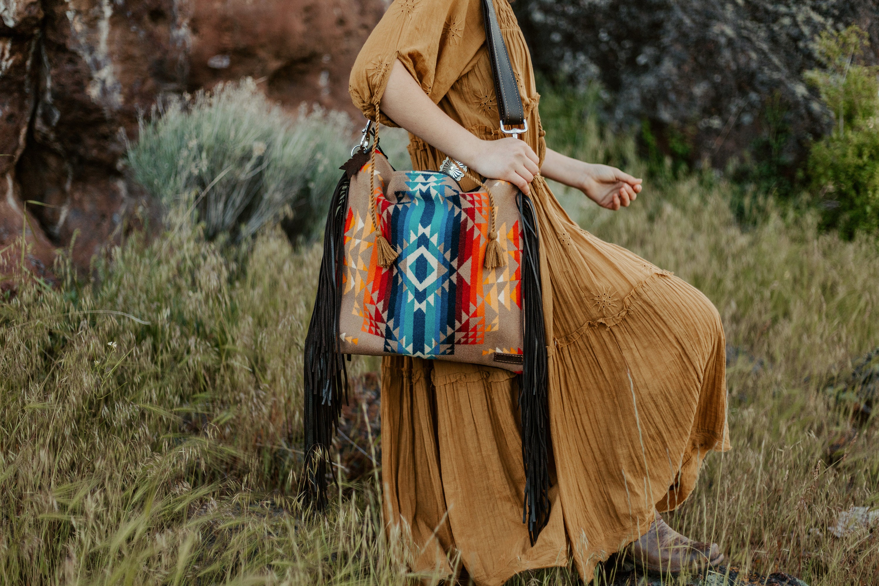 Large Hobo Shoulder Bag in Native Wool and Leather Fringe 