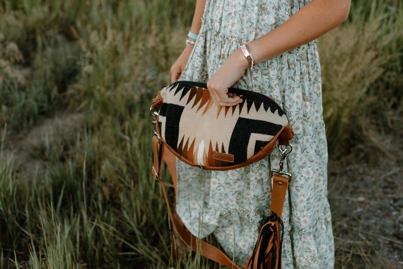 Slouchy Sling Bag in Aqua Rancho Arroyo Pendleton Wool with Fringed Strap, Moon Bag, Fanny Pack, Crossbody Bag image 2