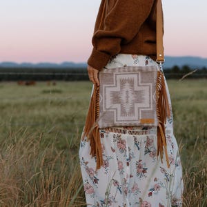 Small Bohemian Fringe Crossbody Bag in Harding Tonal Pendleton Wool with Caramel Leather, Western Crossbody, Southwestern Bag