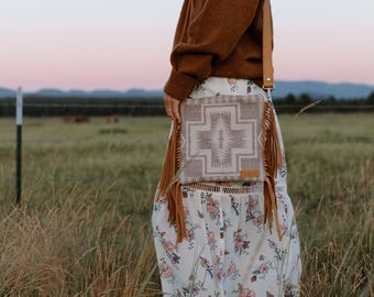 Small Bohemian Fringe Crossbody Bag in Harding Tonal Pendleton Wool with Caramel Leather, Western Crossbody, Southwestern Bag