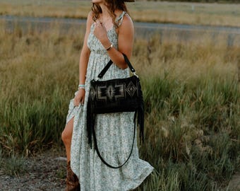 Clutch Leather Bottom Crossbody in Black Harding Pendleton Wool with Fringe, Hobo Shoulder Bag, Bohemian Fringe Bag