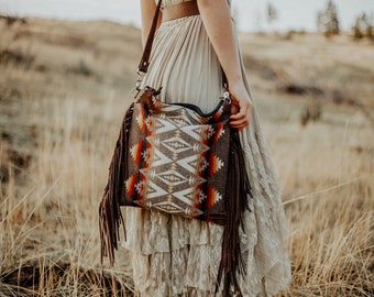 Western Fringe Purse in Native Wool, Pacific Crest Cross Body Purse, Southwestern Bag, Leather Fringe Handbag, Mercy Grey Design,