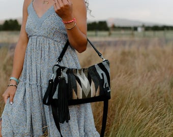 Clutch Leather Bottom Crossbody in Tumalo Ridge Pendleton Wool with Fringe, Hobo Shoulder Bag, Bohemian Fringe Bag