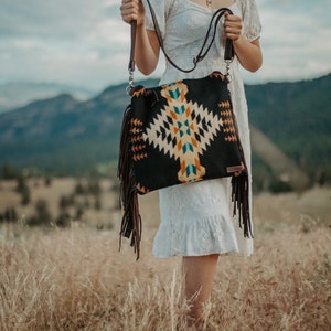 Boho Western Leather Fringe Cross Body Purse in Native Wool, Southwestern Crossbody Bag, Cowgirl Purse, Aztec Print Bag, Mercy Grey Design