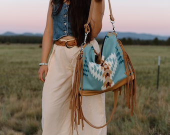 Aqua Pendleton Wool Crossbody Bag: Leather Bottom & Fringe