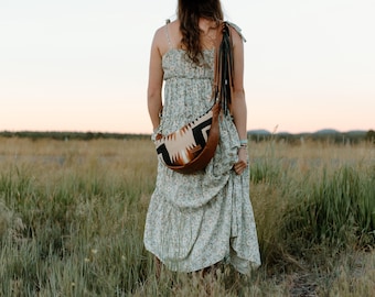 Slouchy Sling Bag in Aqua Rancho Arroyo Pendleton Wool with Fringed Strap, Moon Bag, Fanny Pack, Crossbody Bag