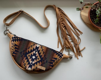 Slouchy Sling Bag in Mission Trails Pendleton Wool with Fringed Strap, Moon Bag, Fanny Pack, Crossbody Bag