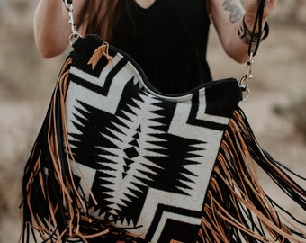 Reserved Custom Order - Large Western Fringe Shoulder and Crossbody Purse in Native Wool and Leather, Walking Rock Pendleton Crossbody