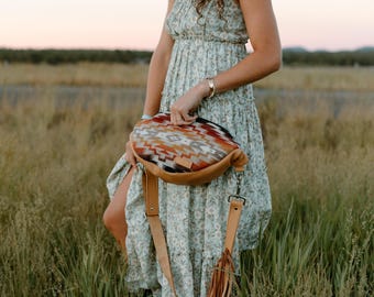 Slouchy Sling Bag in Mesilla Orange Pendleton Wool with Fringed Strap, Moon Bag, Fanny Pack, Crossbody Bag