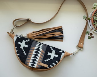 Slouchy Sling Bag in Spyder Rock Harding Pendleton Wool with Fringed Tassel, Moon Bag, Fanny Pack, Crossbody Bag