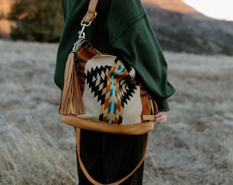 Leather Bottom Crossbody Bag: Tan Rancho Arroyo Pendleton Wool Fringe Hobo