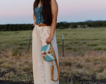 Bolso minimalista Rodeo en lana Pendleton Rancho Arroyo color aguamarina, bolso pequeño cruzado en lana Pendleton,