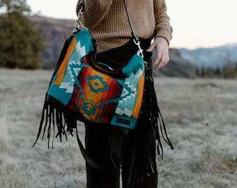 Turquoise Pendleton Wool Crossbody Bag: Slouchy Leather Bottom, Fringe Hobo