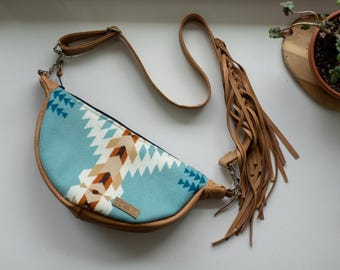 Slouchy Sling Bag in Aqua Rancho Arroyo Pendleton Wool with Fringed Strap, Moon Bag, Fanny Pack, Crossbody Bag