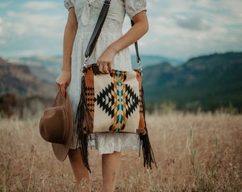 Fringe Purse in Rancho Arroyo Tan Pendleton Wool with Brown Leather, Cowgirl Purse, Leather Fringe Crossbody,  Medium Size Bag, Rodeo Purse,