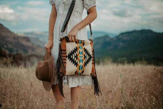 Western Fringe Purse in Native Wool and Leather Cowgirl 