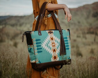 Unisex Diaper Bag Tote in Leather and Native Wool, Southwestern Carry On Tote, Mercy Grey Design, Large Backpack Bag, Backpack Weekender