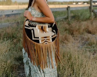 Extra Large Slouchy Sling Bag in Oxford Harding Pendleton Wool with Fringe, Moon Bag, Crossbody Bag