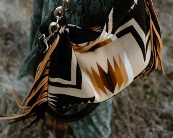 Slouchy Leather Bottom Crossbody in Oxford Harding Pendleton Wool with Fringe, Hobo Shoulder Bag, Bohemian Fringe Bag