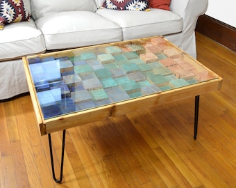 Blue Tide Rustic 24"x36" Wood Mosaic Coffee Table, Dining Table, Reclaimed Wood Desk - 100% Made in the USA