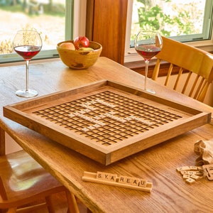 Rustic Wooden Scrabble Board with Rotating Lazy Susan - letter tiles and tile holders included. 100% Made in the USA