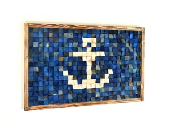 Blue and White Anchor Rustic Wood Wall Art Mosaic Sculpture - Deep Blue Ocean Hues - 24"x36" Made in the USA