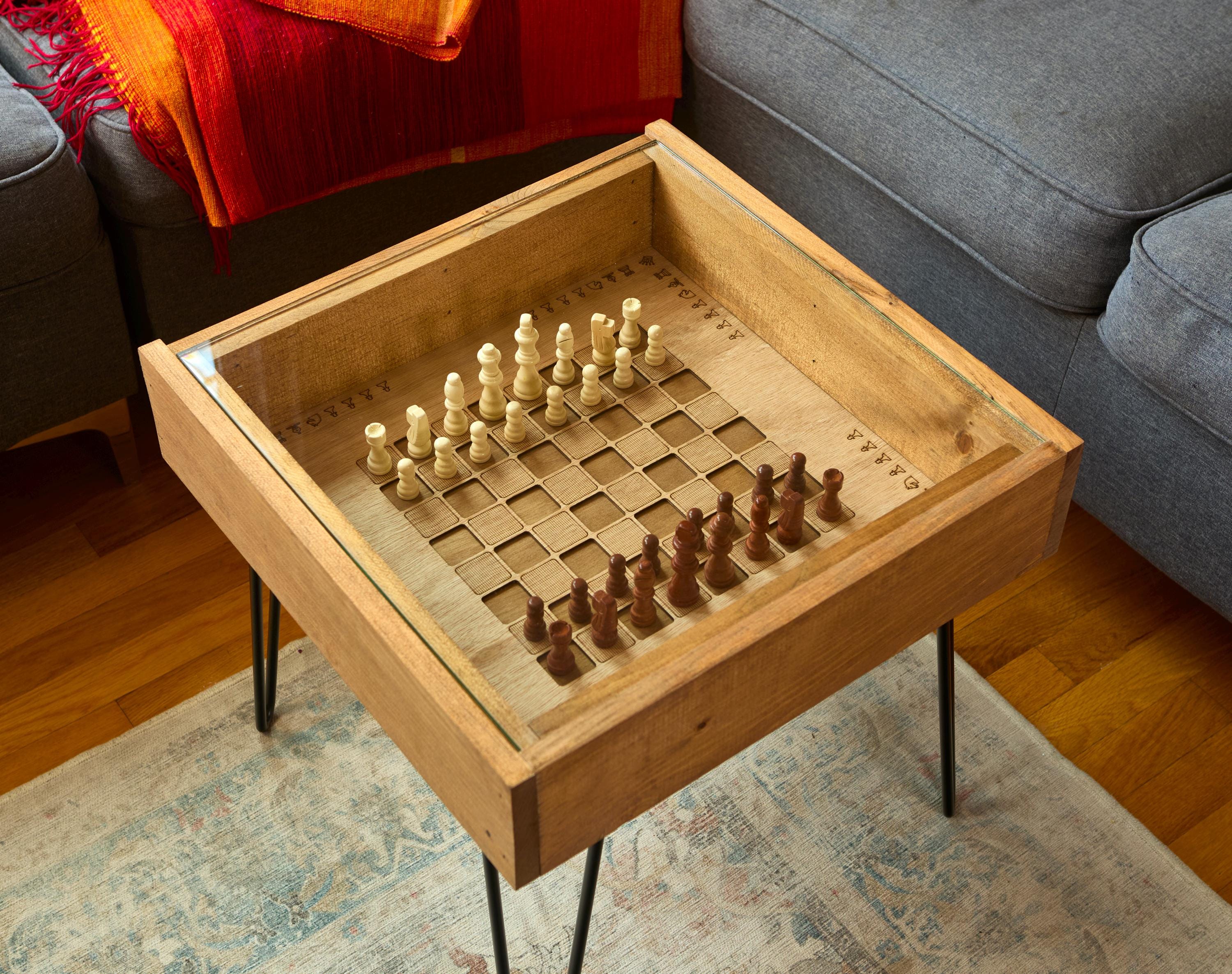 Rustic Chess and Checkers Table with removable glass top - chess 