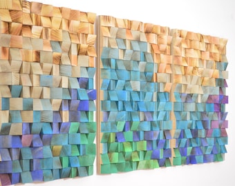 Deep Blue Wave Reclaimed Wood Rustic Wall Art Mosaic Sculpture - 3 Panels totaling 22.5” x 45” - Made in the USA