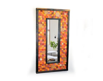 Burnt Siena Reclaimed Wood and Woodburned Mirror 27&quot;x50&quot; - Bright red, yellow and orange