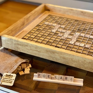 Rustic Wooden Scrabble Board with Rotating Lazy Susan - letter tiles and tile holders included. 100% Made in the USA