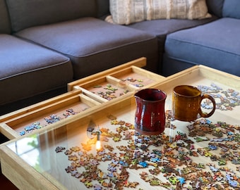 Rustic Puzzle Coffee Table with removable glass top - includes 2 hidden drawers - 24x36". 100% Made in the USA