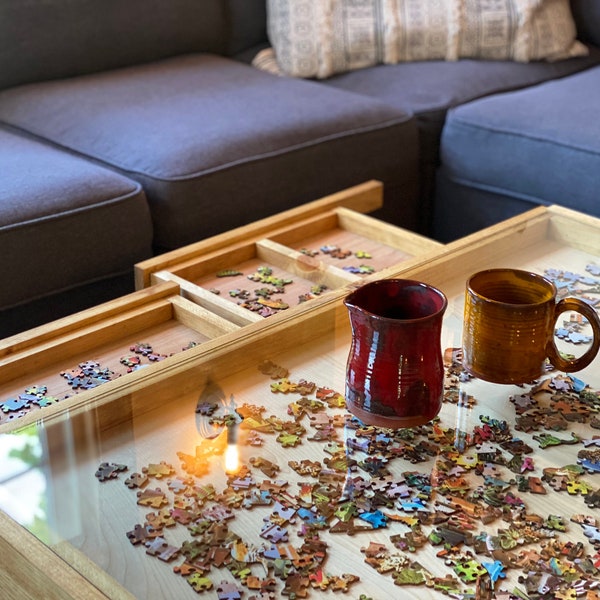 Rustic Puzzle Coffee Table with removable glass top - includes 2 hidden drawers - 24x36". 100% Made in the USA