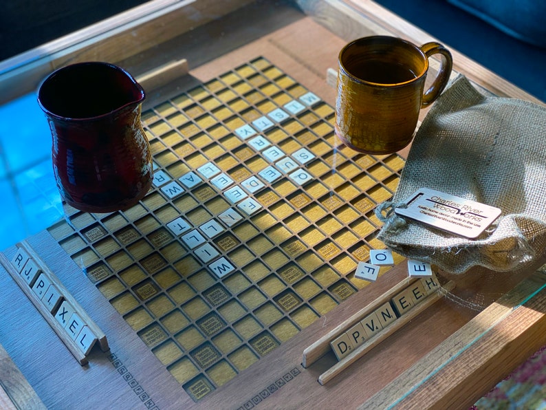 Rustic Scrabble Coffee Table with removable top letter tiles included. 100% Made in the USA image 10