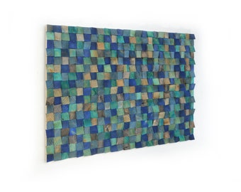 Turquoise and Deep Blue Rustic Wood Wall Art Mosaic Sculpture - 24"x36" Made in the USA