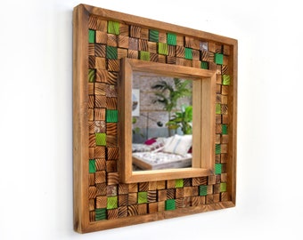 Mossy Green & Natural Wood Reclaimed Wood Woodburned Mosaic Mirror 25" x 25"